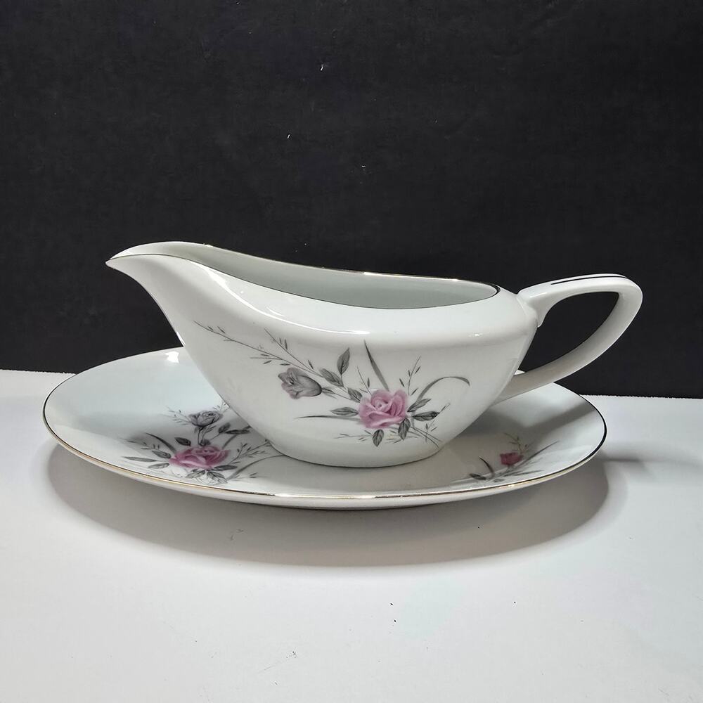 Golden Rose Japan Fine China Gravy Boat Underplate Pink Rose Gold Trim Vintage